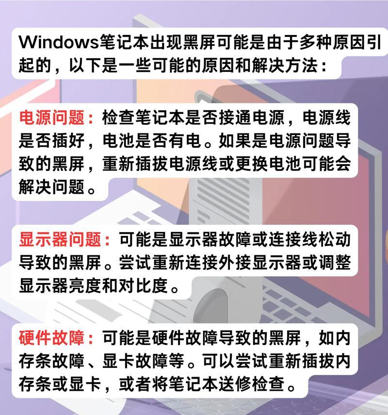解决笔记本电脑黑屏问题的方法（如何使黑屏笔记本电脑恢复正常）